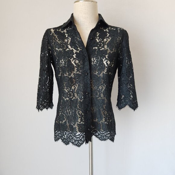 Burberry London Made in Italy Lace Eyelet Button-Front Top 3/4 Sleeve Black - Picture 2 of 8